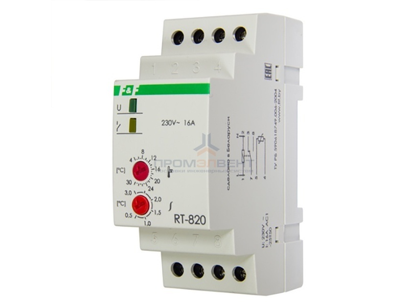 Регулятор температуры RT-820  50-264В АС/DC, от +4 до +30 гр., 16А, 1NO/NC